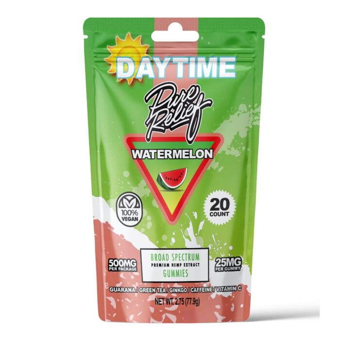 Pure Relief Daytime Gummies Watermelon 500 mg Total CBD Front of Package Pure Relief Daytime CBD Gummies – Watermelon (500 mg Total CBD)